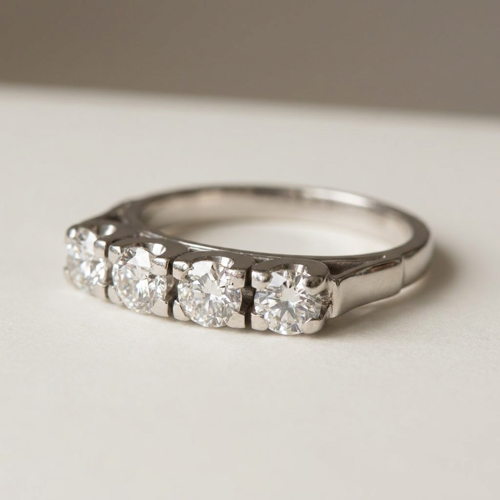 Fantastic half-memory ring made of 14 carat white gold with 4 diamonds