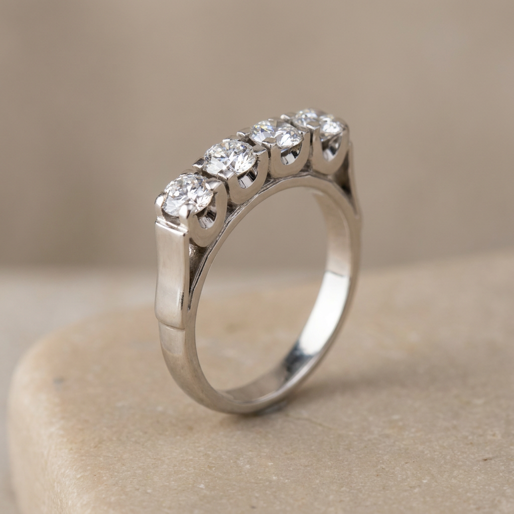 Fantastic half-memory ring made of 14 carat white gold with 4 diamonds