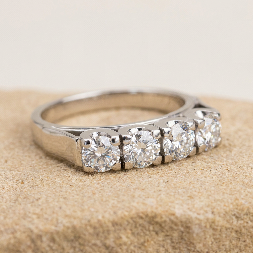 Fantastic half-memory ring made of 14 carat white gold with 4 diamonds