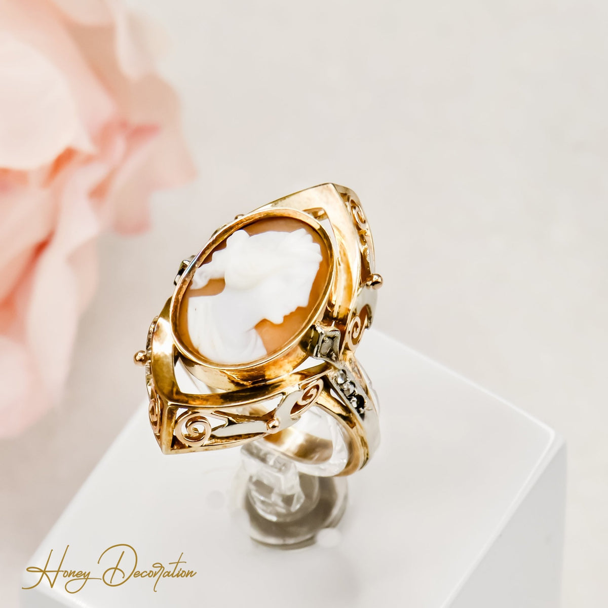 Viktorianischer 585er Gold Gemmenring mit Diamantrosen und Platinverzierung - Honey Jewelry