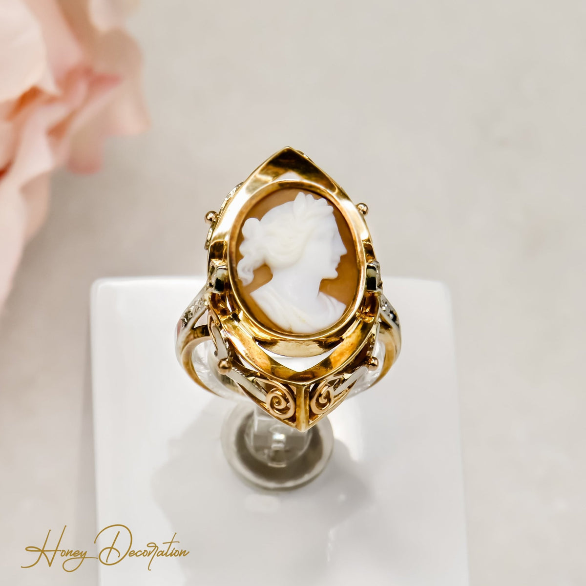 Viktorianischer 585er Gold Gemmenring mit Diamantrosen und Platinverzierung - Honey Jewelry