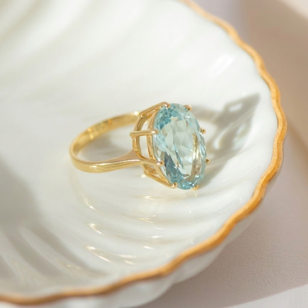 Vintage Aquamarin-Cocktailring aus 585er Gelbgold