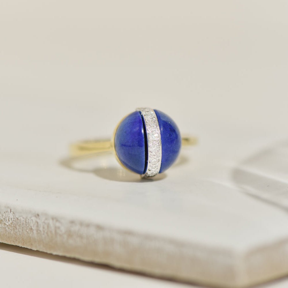 Vintage - Ring aus 14 Karat Gelbgold mit Lapiskugel und Brillanten - Honey Jewelry