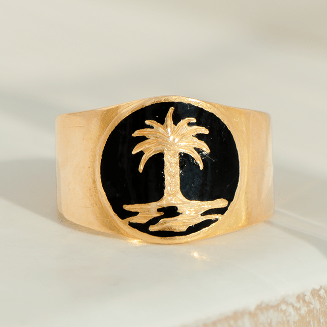 Vintage - Ring aus 18 Karat Gelbgold mit Palme & schwarzer Emaille - Honey Jewelry