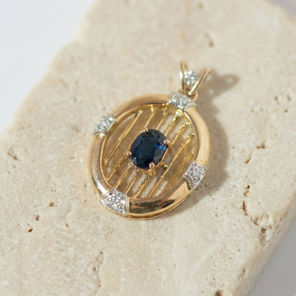 Vintage Saphir-Diamant-Anhänger aus 14K Gold