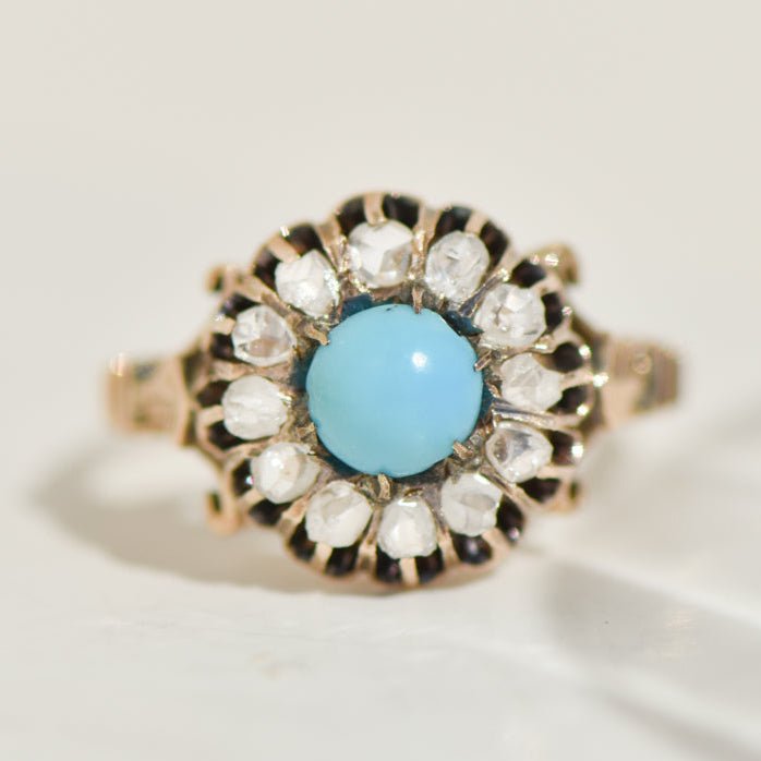 Antiker Ring aus 14K Gelbgold mit Diamantrosen & Türkis – Biedermeier - Romantik in Perfektion - Honey Jewelry