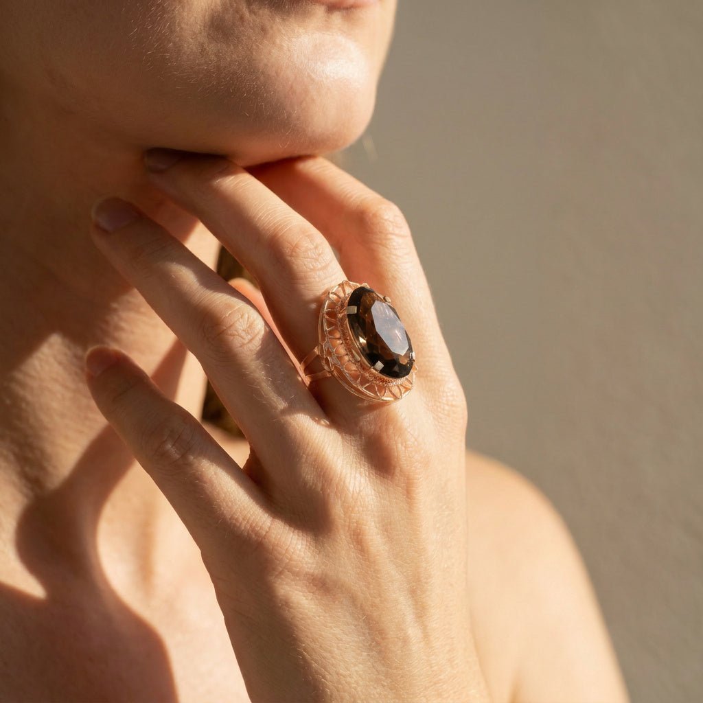 Jugendstil-Ring aus 14K Gold mit großem Rauchquarz - Honey Jewelry