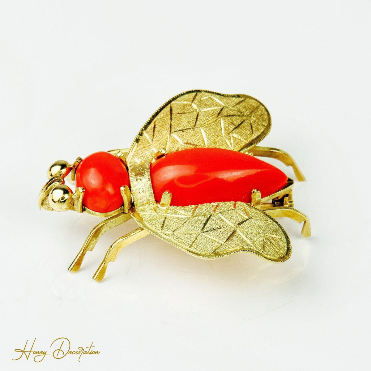 Prächtiger Bienen - Anhänger aus 18 Karat Gold mit Koralle - Honey Jewelry